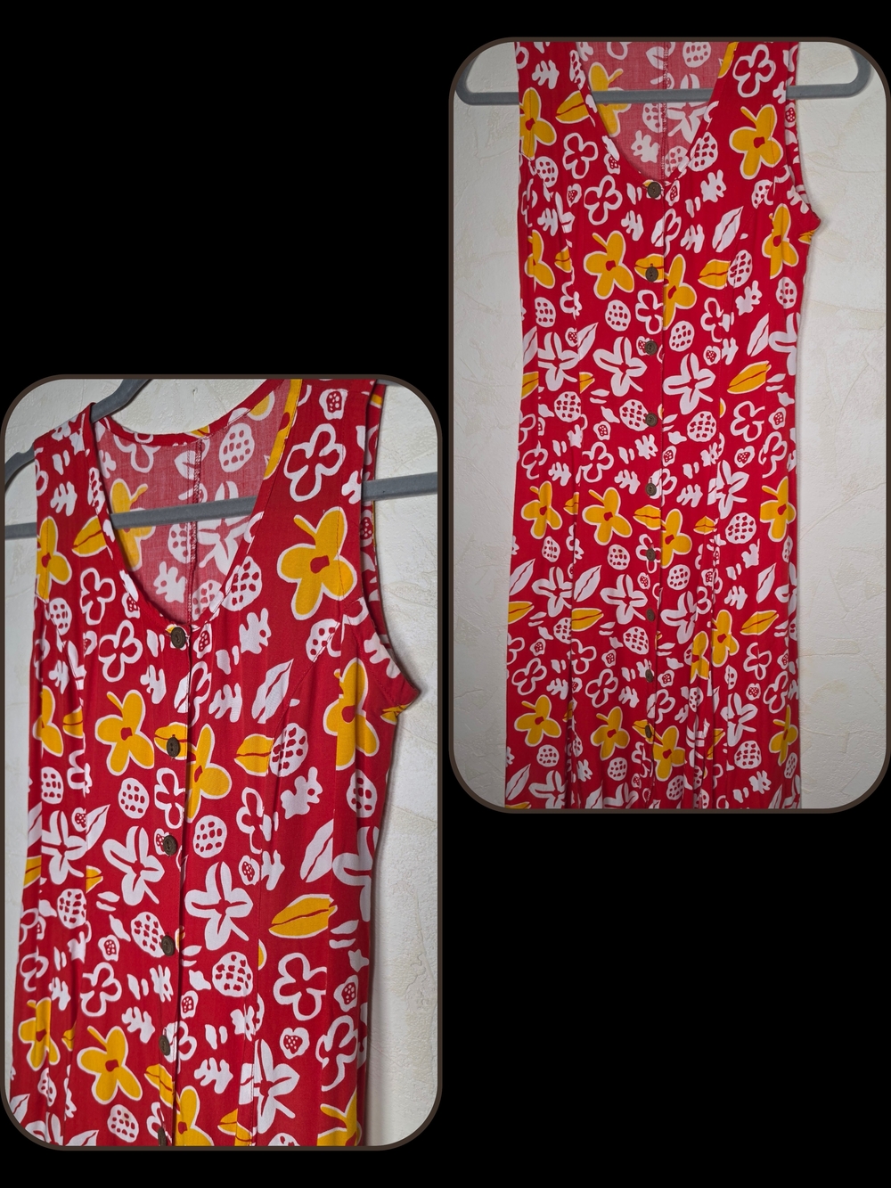 Vtg 90s Red Hawaiian Floral Maxi Dress Sleeveless Button Front Sundress Small
